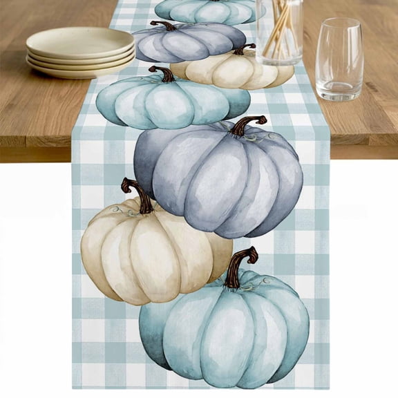 Pumpkins Table Runner 48 Inches Long Farmhouse Dress Scarves, Thanksgiving Fall Farmhouse Teal Buffalo Plaid Dining Tablerunner for Coffee Table/Kitchen Island/Party Décor, 13" x 48"