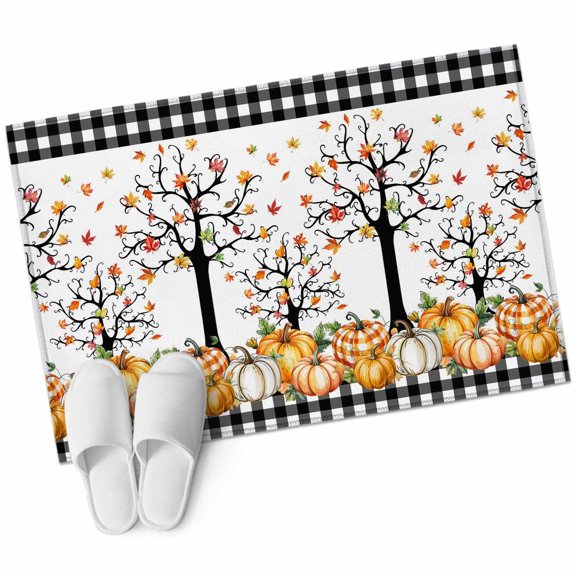 Pumpkins Thanksgiving 2'x3' Rug, Fall Black White Plaid Leaves Retro Non-Slip Soft Doormat Area Rugs for Entrance Bathroom Bedsides, Carpet for Kitchen Bedroom, Entryway Floor Mat