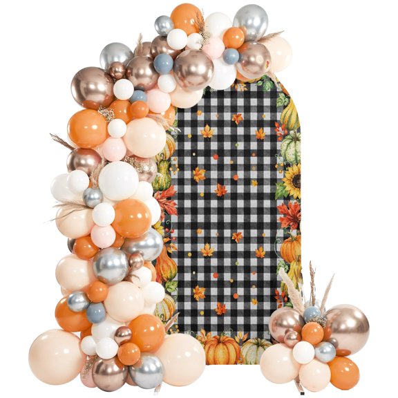 Pumpkins Thanksgiving Arch Backdrop Cover 6Ft, Wedding Arch Covers Stretchy Backdrop, Fall Checkered Elegant Farmhouse Fitted 2 Sided Arched Photo Background for Birthday Party Decorations