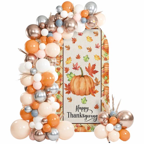 Pumpkins Thanksgiving Arch Backdrop Cover 6Ft, Wedding Arch Covers Stretchy Backdrop, Fall Leaves Farmhouse Elegant Fitted 2 Sided Arched Photo Background for Birthday Party Decorations