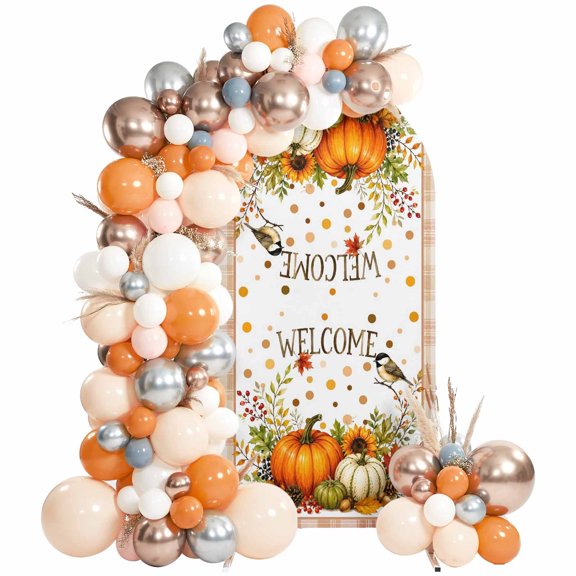 Pumpkins Thanksgiving Arch Backdrop Cover 6Ft, Wedding Arch Covers Stretchy Backdrop, Fall Polka Dots Checkered Fitted 2 Sided Arched Photo Background for Birthday Party Decorations
