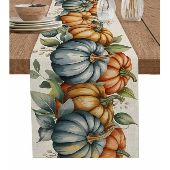Pumpkins Thanksgiving Burlap Cotton Table Runner 13x108 Inches Long, Fall Eucalyptus Leaves Beige Farmhouse Table Runners, Outdoor Dining Tablecloths Decor for Baby Shower/Party/Wedding