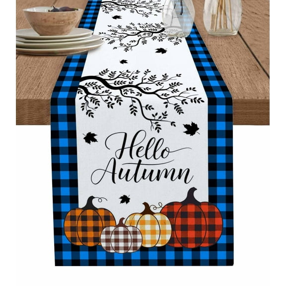 Pumpkins Thanksgiving Burlap Cotton Table Runner 18x72 Inches Long, Fall Branch Buffalo Plaid Country Farmhouse Table Runners, Outdoor Dining Tablecloths Decor for Baby Shower/Party/Wedding