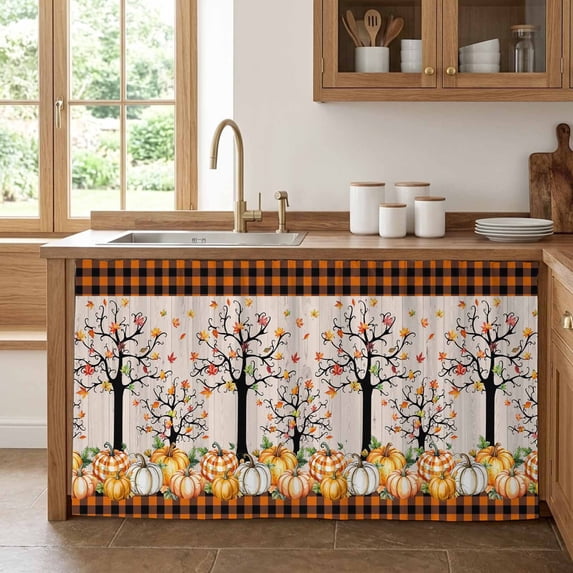 Pumpkins Thanksgiving Cabinet Curtain 28"Wx51"L,Dustproof Storage Cabinet Curtain with Self Adhesive Tape,Fall Black Orange Plaid Leaves Retro Tall Pantry Cover Drape for Kitchen,Utility Closet