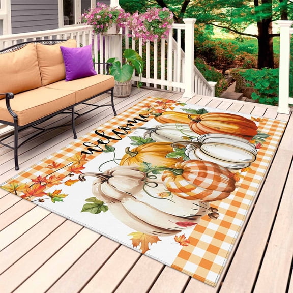 Pumpkins Thanksgiving Outdoor Rug for Patio/Deck/Porch, Non-Slip Large Area Rug 5 x 7 Ft, Fall Orange Plaid Farmhouse Leaves Indoor Outdoor Rugs Washable Area Rugs, Camping Rug Carpet Runner