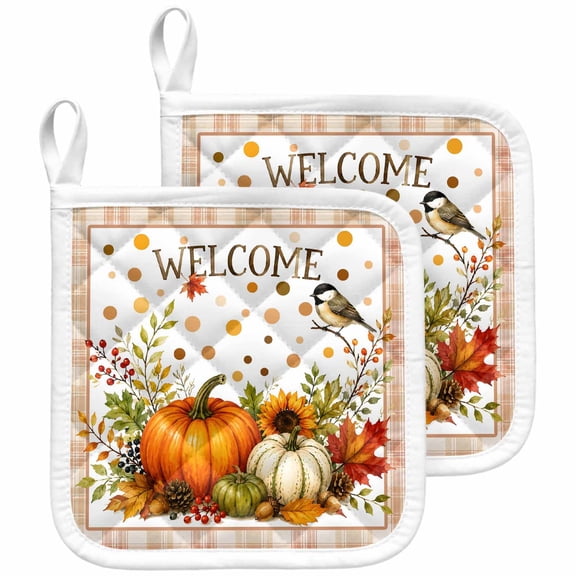 Pumpkins Thanksgiving Pot Holders for Kitchen Heatproof Potholder, 2 Pack Fall Polka Dots Checkered Hot Pads Multipurpose Oven Pads Terry Cloth Potholders Trivet for Cooking and Baking