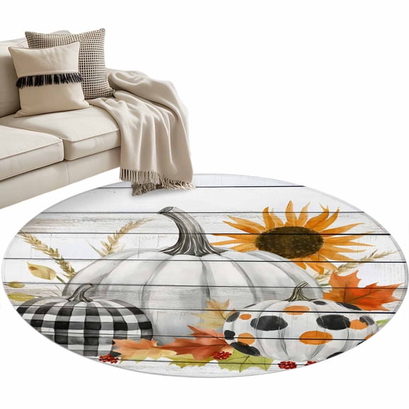 Pumpkins Thanksgiving Round Rug 4ft Washable Circle Entryway Rugs Non Slip Fall Wooden Botanical Floral Area Rug Indoor Floor Carpet for Bedroom Kitchen Living Room Home Office Dining Room Nursery