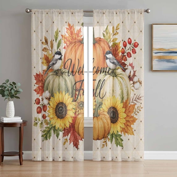 Pumpkins Thanksgiving Sheer Curtains 72 Inch Length 2 Panels Set, Fall Pumpkin Berry Rustic Farmhouse Voile Window Treatment Rod Pocket Curtains Sheers for Bedroom/Living Room/Kitchen 52"x72"x2
