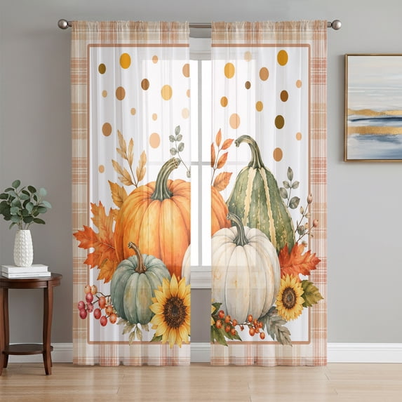 Pumpkins Thanksgiving Sheer Curtains 96 Inch Length 2 Panels Set, Fall Sunflowers Checkered Farmhouse Voile Window Treatment Semi Sheer Long Curtains Drapes for Bedroom/Living Room/Kitchen 52"x96"x2