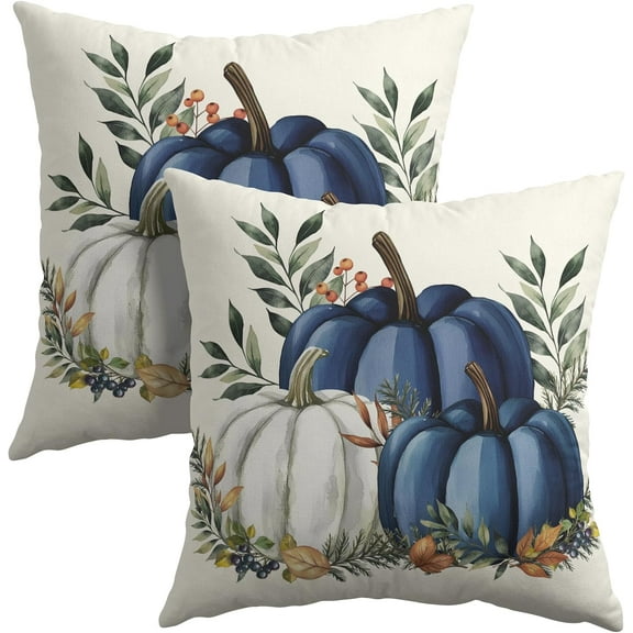 Pumpkins Throw Pillow Covers 18x18 inch Set of 2 Fall Blue and White Pumpkin Pillowcase Autumn Thanksgiving Vintage Decorations Cushion Cover for Home Bedroom Sofa Chair