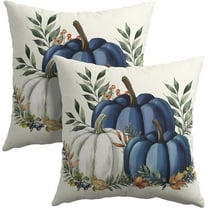 Pumpkins Throw Pillow Covers 18x18 inch Set of 2 Fall Blue and White Pumpkin Pillowcase Autumn Thanksgiving Vintage Decorations Cushion Cover for Home Bedroom Sofa Chair