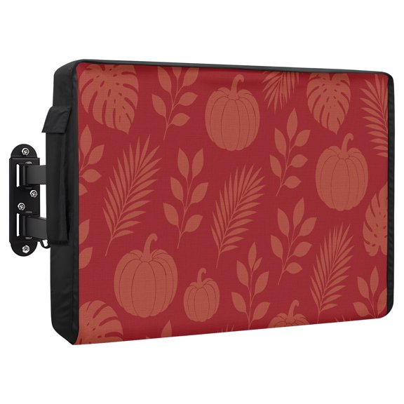Pumpkins Waterproof Outdoor TV Cover, Botanical Fern Leaf Tropical Fronds Red Background Outside Weatherproof TV Enclosures for 80 to 85 Inch LCD Television Shield Flat Screen Protectors