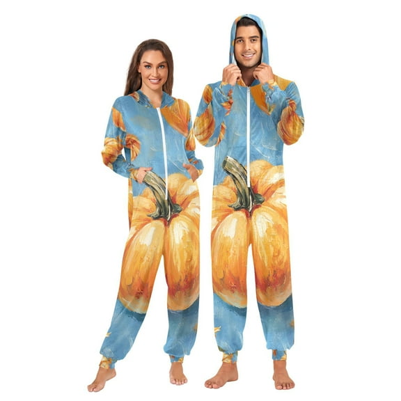 Pumpkins and Blue Adult Onesie Pajamas Slim Fit Christmas One Piece Suit Pjs for Women and Men Hooded Zipper