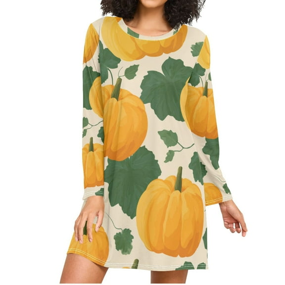 Pumpkins and Leaves Thanksgiving Day Women's Long Sleeves Nightgowns Sleepwear Soft Pajama A-line Sleep Dress XXXL