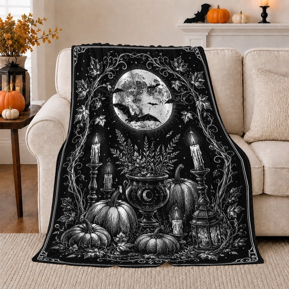 Pumpkins bats moon cauldron candles leaves black Flannel Blanket for bedroom reading nook gothic Halloween Home Decor witchy harvest night art Gift for spooky fans