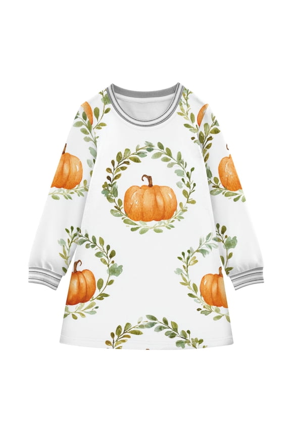 Pumpkins in Leaves Circle Long-sleeved Dress A-line One-Piece Dress for 2-8 Years Casual Party 2T