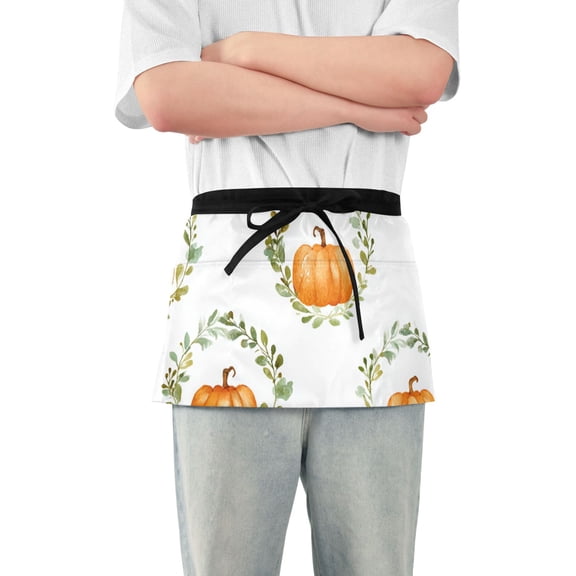 Pumpkins in Leaves Circle Short Server Apron with 3 Pockets for Unisex Chef Gardening