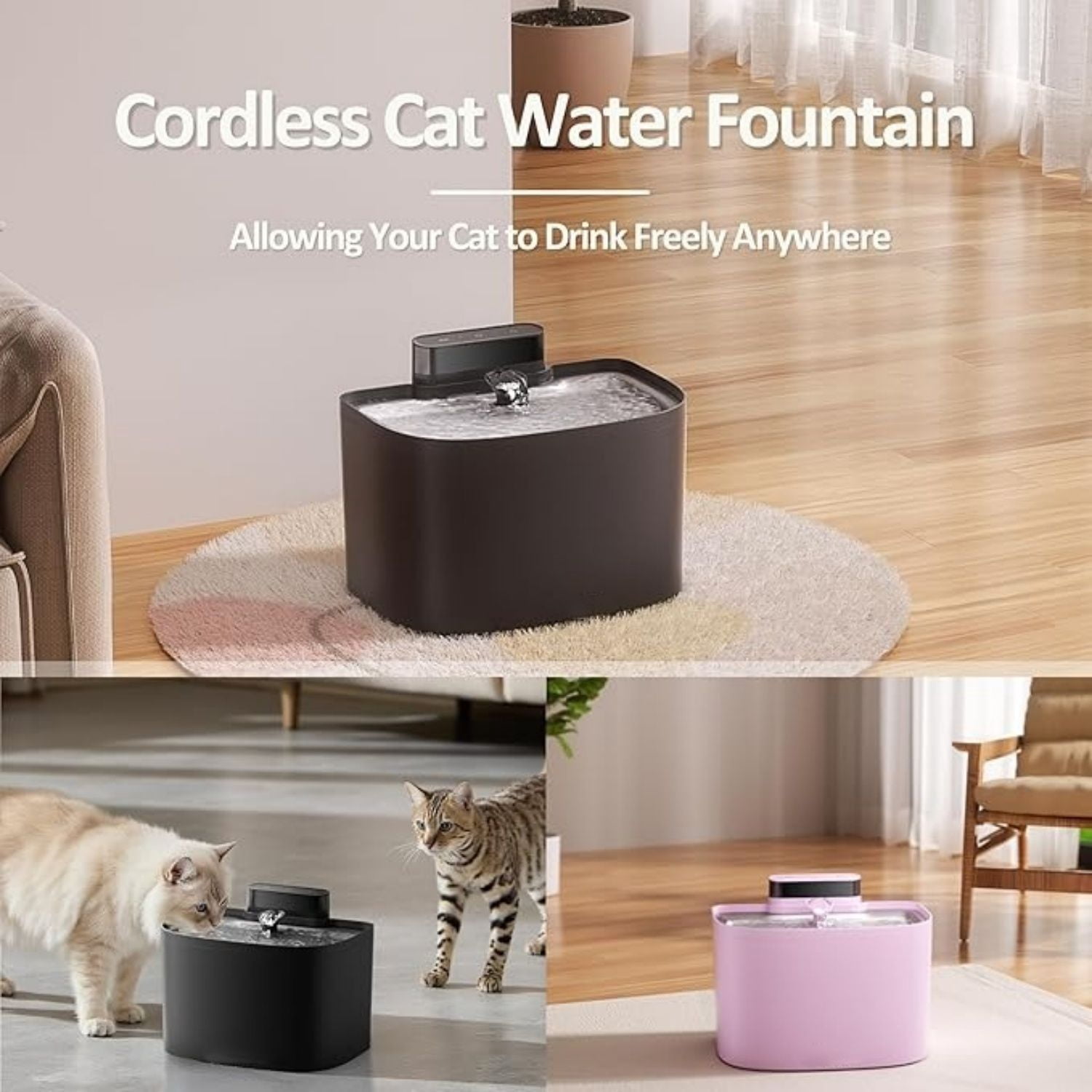 Pumpless Cat Water Fountain, Smart Cordless Fountains Battery Operated, 3.6L/122oz with Maglev Valve Technology Rechargeable Water Dispenser for Cat &Dog, 2 Filters,2 Nozzles(Black, M1)