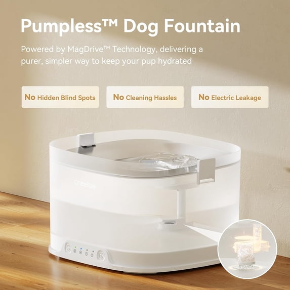 Pumpless Dog Water Elfin Fountain, Wireless Pet Fountain Battery Operated, 4L/135 oz D1 Pro Automatic Water Dispenser for Dogs MagDrive Technology Stainless Steel Tray, No Cleaning Hassle