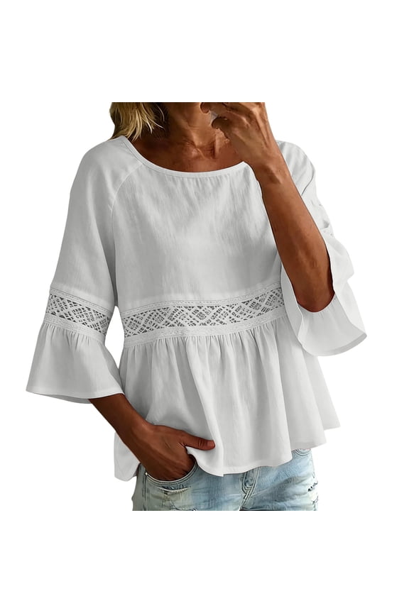 3/4 Length Bell Sleeve Babydoll Tops for Women Round Neck Lace Trim Ruffle Peplum Blouses Dressy Summer Cute Shirts Hollow Out Crochet Lace White L