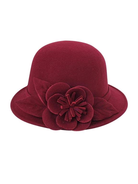 Pumxq Elegant Felt Flowers Bucket Hat, Women Vintage Cloche Floral Fedora Hat, Ladies Wedding Dress Church Hat J M