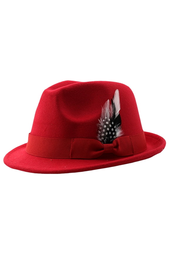 Fedora Hats for Men Women Classic Short Brim Felt Manhatta Fedora Hat with Feathers Band Red One Size