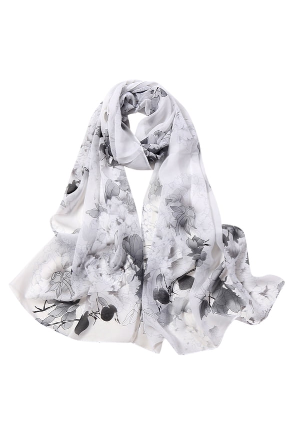 Silk Scarf Women Flower Printed Fashion Elegant Style Long Soft Shawl Wrap Sunscreen Shawl All Season Gray One Size