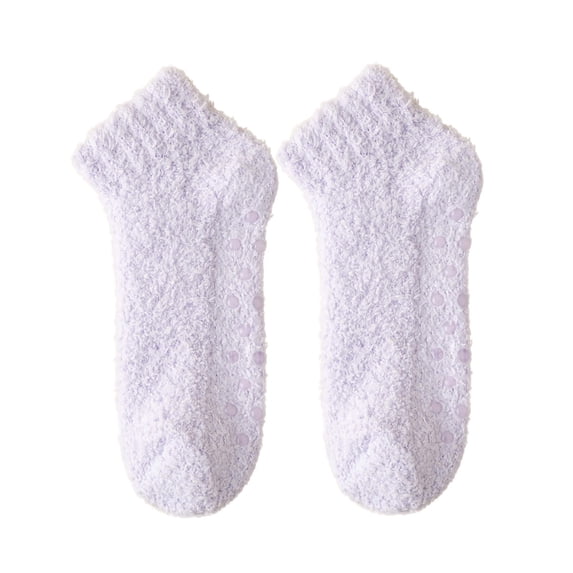 Pumxq Simple Solid Fleece Plush Ankle Socks Anti-Slip Dots On Sole Casual Indoor Sleep Socks Purple One Size