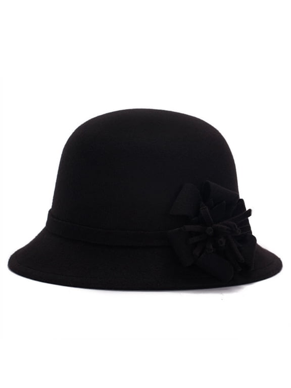 Pumxq Women Cloche Bucket Hat Vintage Faux Felt Hat Winter Warm Church Bowler Cap Fedora Fall Bell Round Cap Black One Size