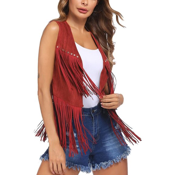 Pumxq Women Fringe Vest 70s Hippie Faux Suede Sleeveless Tassels Cardigan Cowgirl Western Tops Red XL