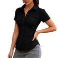 thumbnail image 1 of Pumxq Women Short Sleeve Button Down Shirts Business Work Fitted Collared Blouse Office Basic Summer Tops Black L, 1 of 8