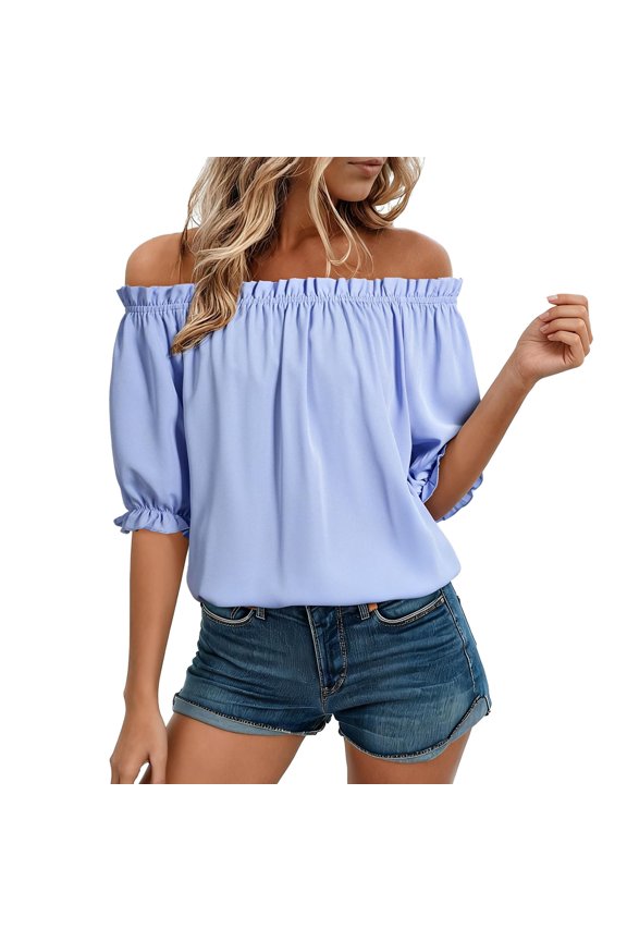 Women's Off Shoulder Puff Short Sleeve Blouse Sky Blue XL