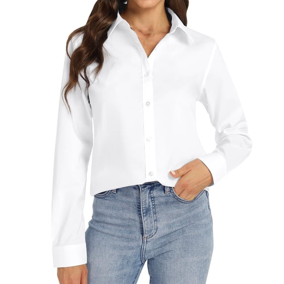 Pumxq Womens Classic-Fit Dress Shirts Long Sleeve Button Down Wrinkle-Free Stretch Solid Casual Work Office Blouse Top White XL