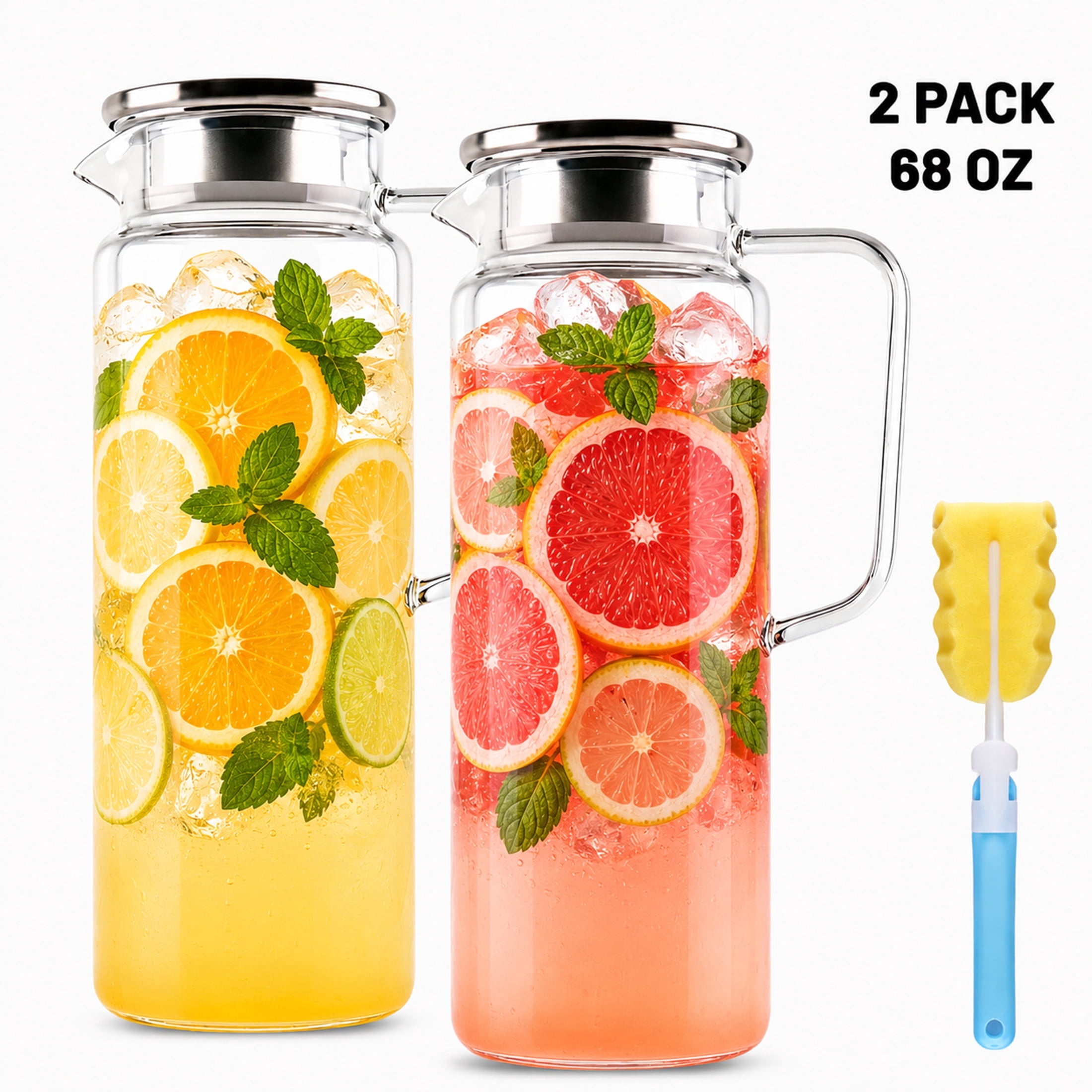 punada 2 Pack 2 Liter 68 oz Glass Pitchers with Lid and Spout, Glass ...
