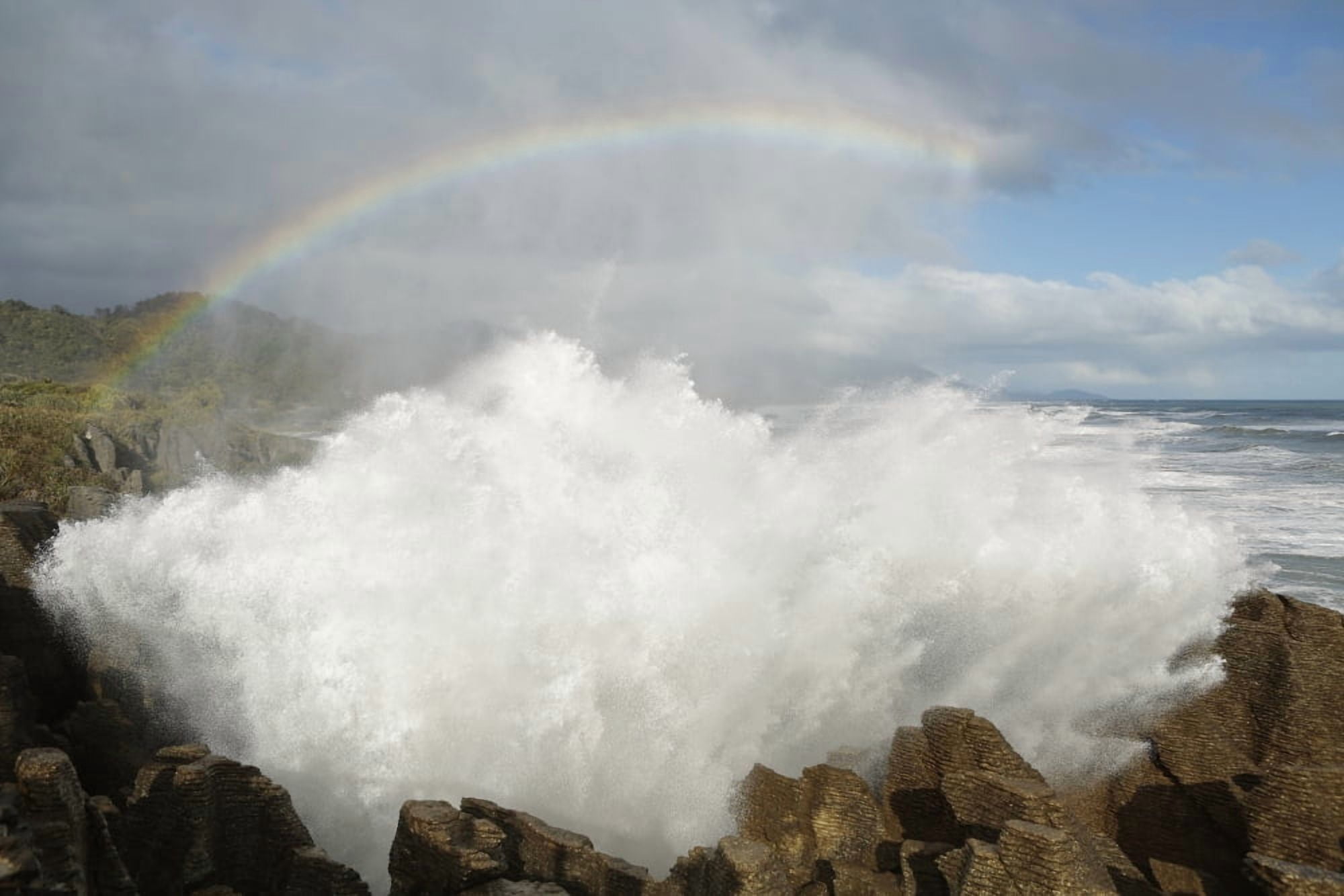 Punakaiki blowholes with a rainbow West Coast of the South Island New Zealand Canvas Art - Nicola M Mora Design Pics (38 x 24)