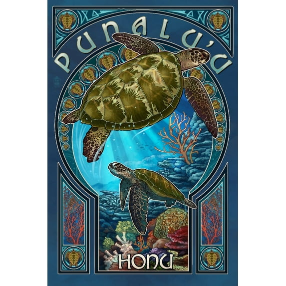 Punalu'u, Hawai'i, Sea Turtle Art Nouveau (12x18 Wall Art Poster, Room Decor)
