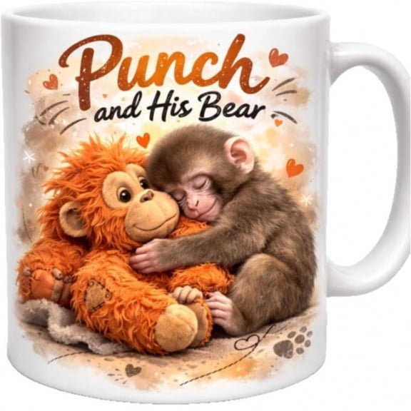 Punch And His Bear Mug, Punch The Monkey Cup, 11oz Ceramic Cute Little Monkeys Design Coffee Cup Gift for Animal Lover