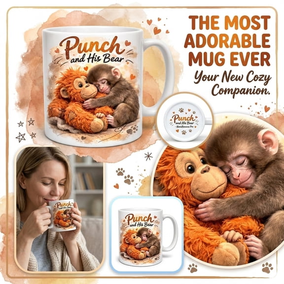 Punch and His Bear Adorable Ceramic Coffee Mug Cute Monkey Hugging Teddy Bear Printed Novelty Mug 11oz Cozy Tea Cup for Animal Lovers, Home Office Use, and Heartwarming Gift Giving