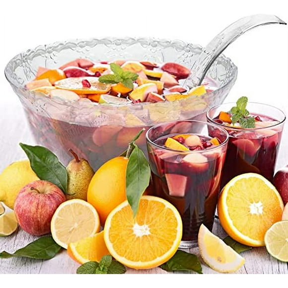 Punch Bowl with Ladle - 2 Gallon Large Clear Plastic Punch Bowl with Ladle - Embroidered Design 8 Quart Serving Bowl with 5 OZ Plastic Serving Ladle