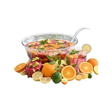 Punch Bowl with Ladle - 2 Gallon Large Clear Plastic Punch Bowl with Ladle - Embroidered Design 8 Quart Serving Bowl with 5 OZ Plastic Serving Ladle