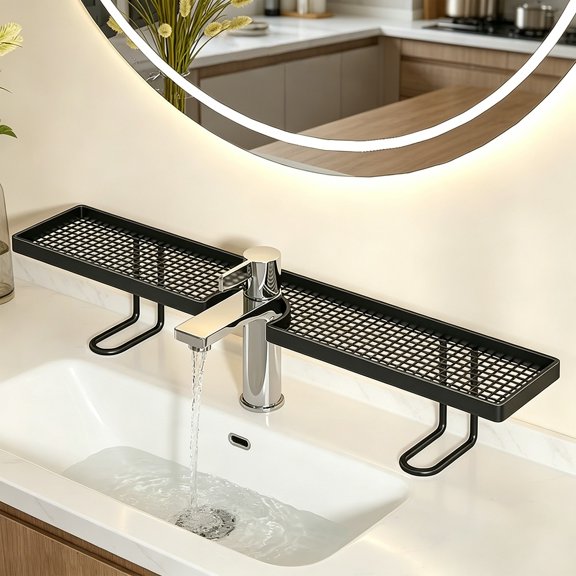 Punch-Free Faucet Storage Rack, Tool Installation Free Sink Side Organizer for Bathroom Counter Space Optimization black