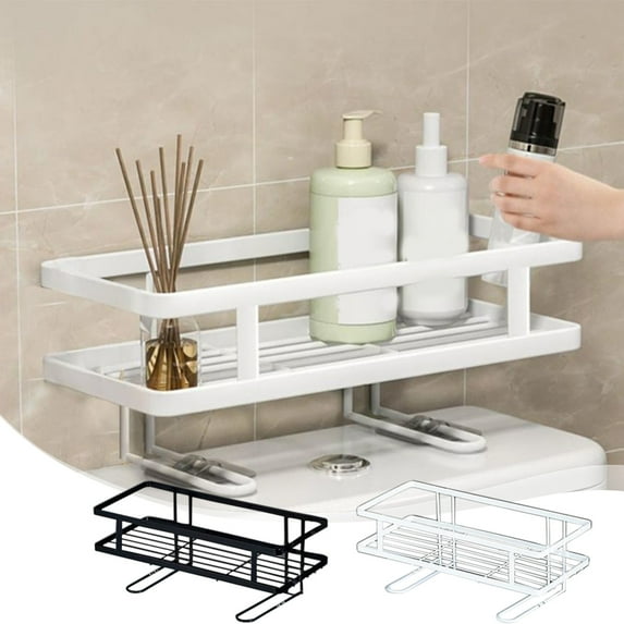 Punch-Free Iron Toilet Tank Rack, Multifunctional Bathroom Shower Storage Shelf, Space-Saving Organizer for Toiletries, White/Gray, 32x15.5x7cm
