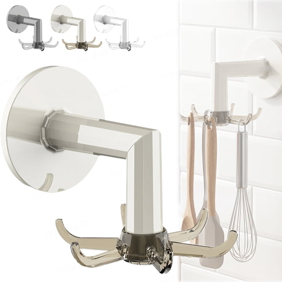 Punch-Free Rotating Kitchen Utensil Hooks 360° Swivel Wall Mount Hanging Rack for Spatulas Spoons Cooking Tools Self-Adhesive Foldable Space-Saving for Kitchen Bathroom Cabinets