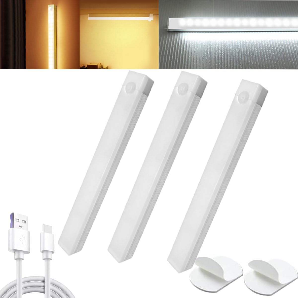 Punch-Free Smart Sensor Magnetic Rechargeable LED Lights,1/3/5pcs 7.87in Wireless USB Closet Lights with Infrared Motion Sensing & Always-On Mode,Warm White & Cool White,for Stairs,Wardrobe,Cabinet