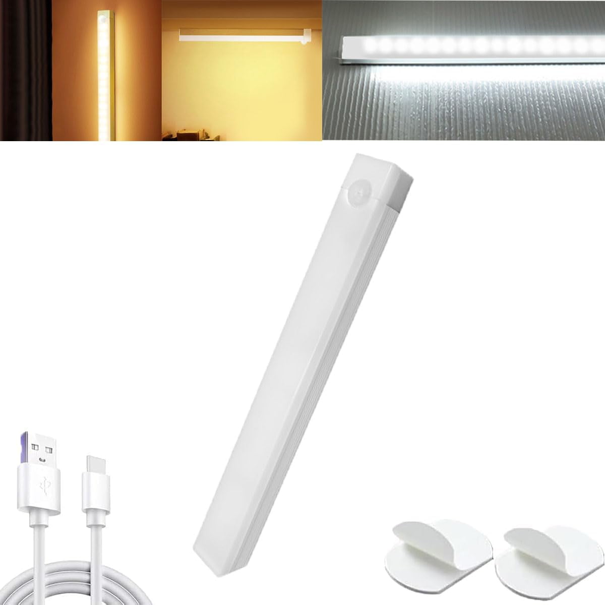 Punch-Free Smart Sensor Magnetic Rechargeable LED Lights,1/3/5pcs 7.87in Wireless USB Closet Lights with Infrared Motion Sensing & Always-On Mode,Warm White & Cool White,for Stairs,Wardrobe,Cabinet