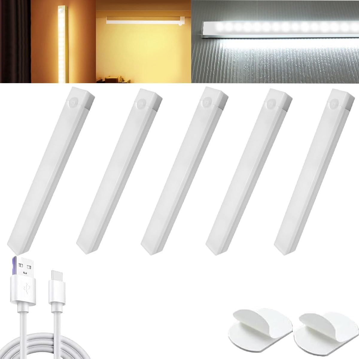 Punch-Free Smart Sensor Magnetic Rechargeable LED Lights,1/3/5pcs 7.87in Wireless USB Closet Lights with Infrared Motion Sensing & Always-On Mode,Warm White & Cool White,for Stairs,Wardrobe,Cabinet