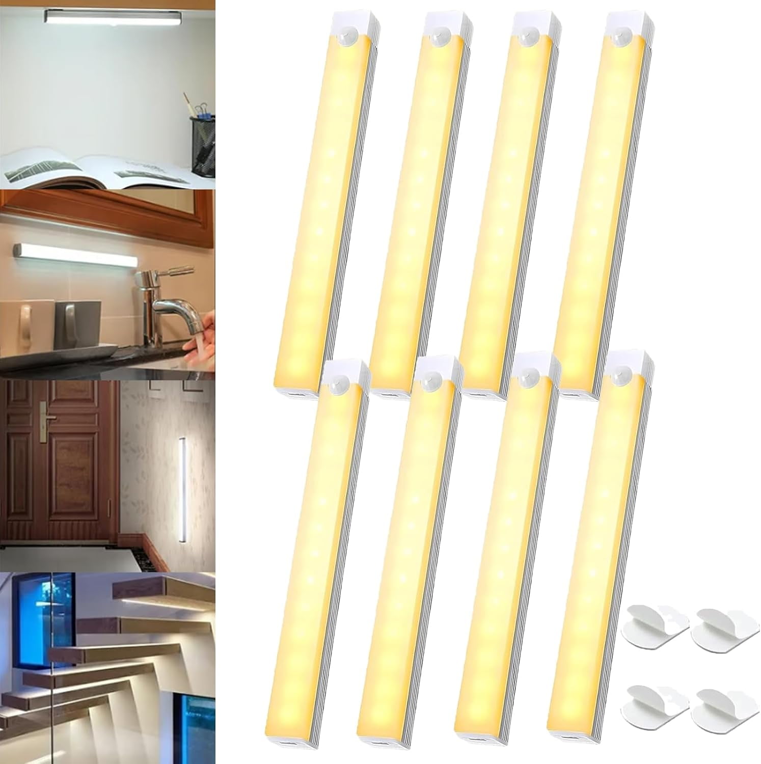 Punch-Free Smart Sensor Magnetic Rechargeable LED Lights,4/7.9/11.8 In USB Wireless Closet Under Cabinet Motion Sensor Lighting, White/Warm Light,120° Wide Angle,6-13ft Range for Kitchen,Cupboard