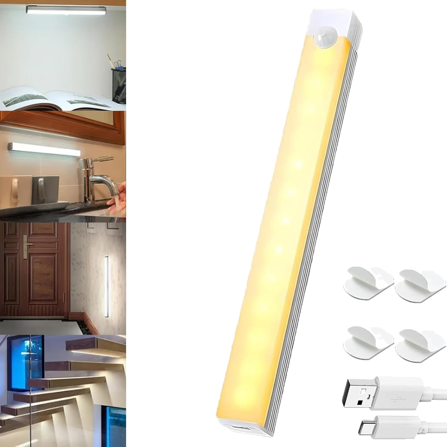 Punch-Free Smart Sensor Magnetic Rechargeable LED Lights,4/7.9/11.8 In USB Wireless Closet Under Cabinet Motion Sensor Lighting, White/Warm Light,120° Wide Angle,6-13ft Range for Kitchen,Cupboard