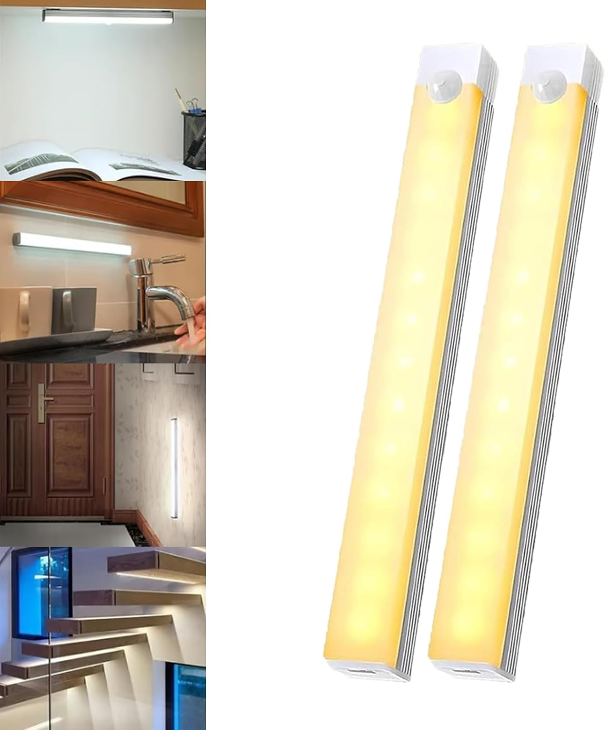 Punch-Free Smart Sensor Magnetic Rechargeable LED Lights,4/7.9/11.8 In USB Wireless Closet Under Cabinet Motion Sensor Lighting, White/Warm Light,120° Wide Angle,6-13ft Range for Kitchen,Cupboard