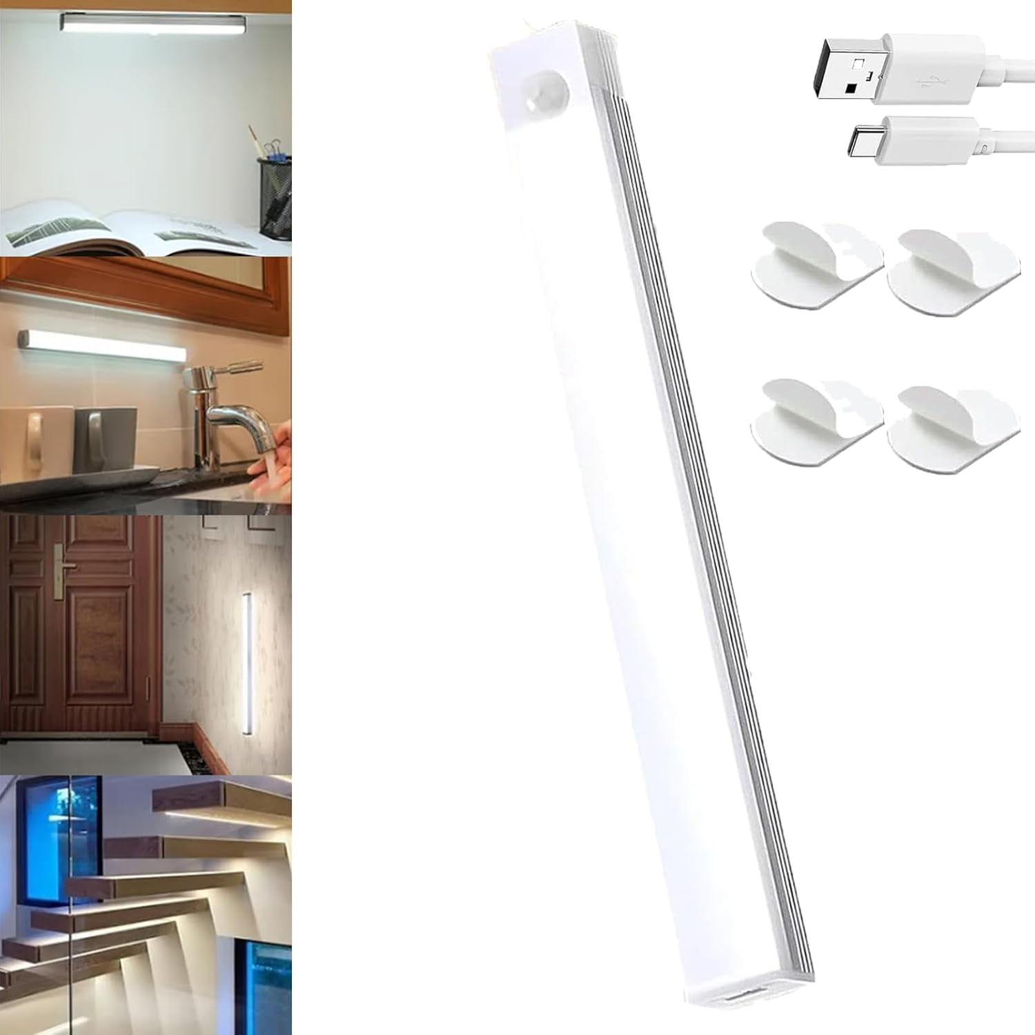 Punch-Free Smart Sensor Magnetic Rechargeable LED Lights,4/7.9/11.8 In USB Wireless Closet Under Cabinet Motion Sensor Lighting, White/Warm Light,120° Wide Angle,6-13ft Range for Kitchen,Cupboard